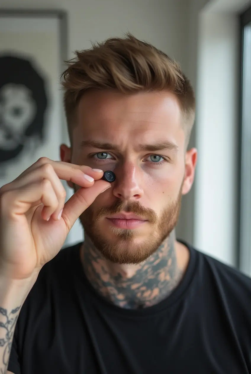 man use magnet to apply strips of nasal breathing dilator