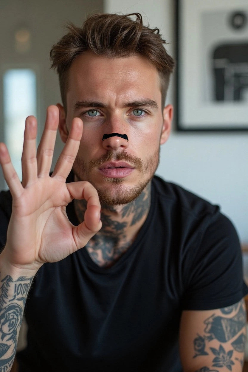 man who showing how he wearing nasal breathing dilator 